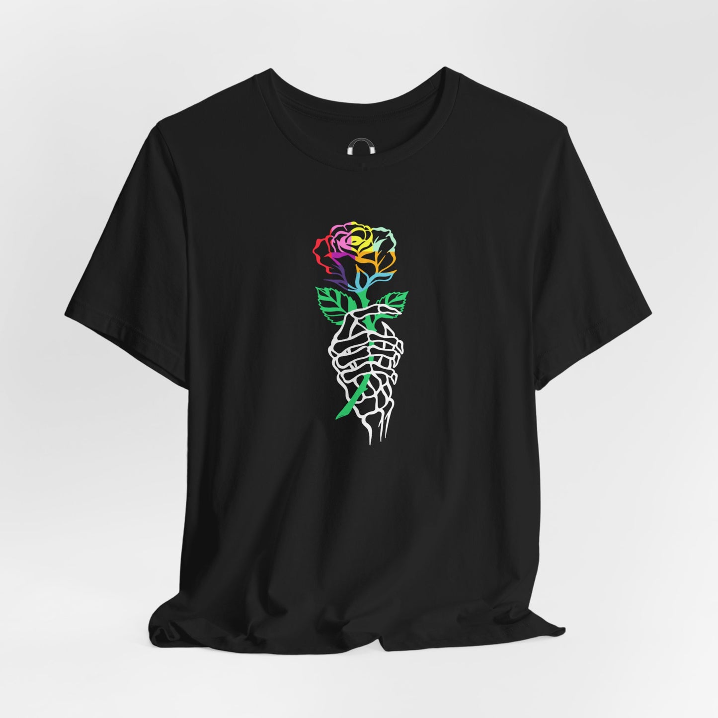 Skeleton Hand Holding Colorful Rose Tee
