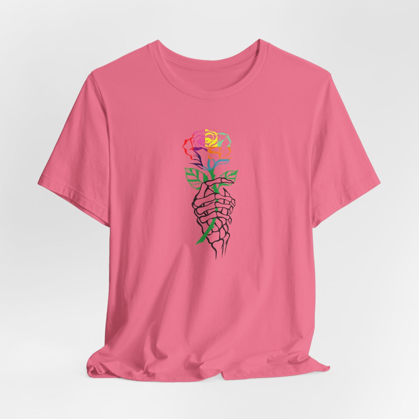 Skeleton Hand Holding Colorful Rose Tee