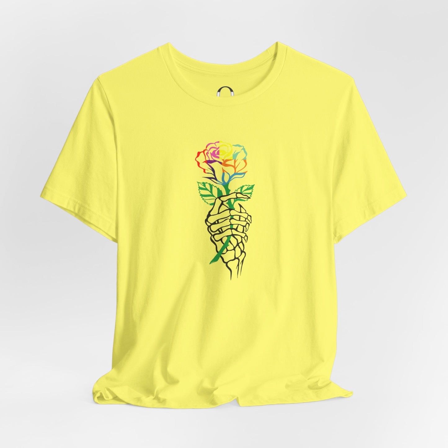 Skeleton Hand Holding Colorful Rose Tee