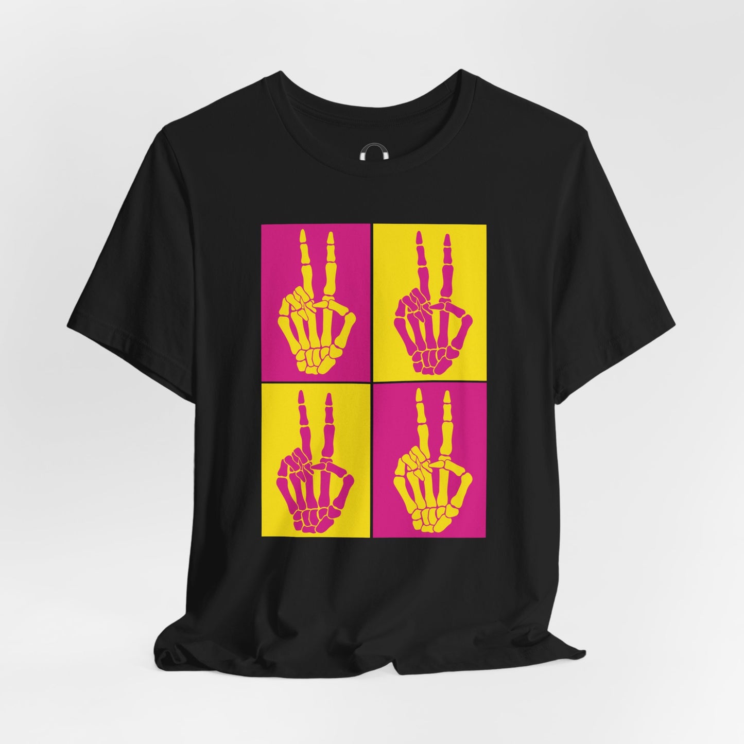 Pop Art Inspired Skeleton Hand Peace Sign, Yellow and Pink Tee