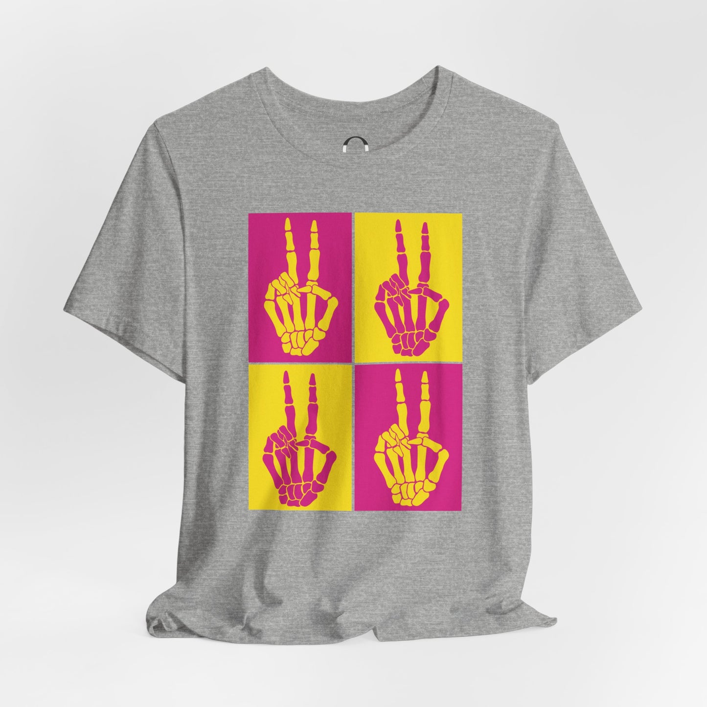 Pop Art Inspired Skeleton Hand Peace Sign, Yellow and Pink Tee