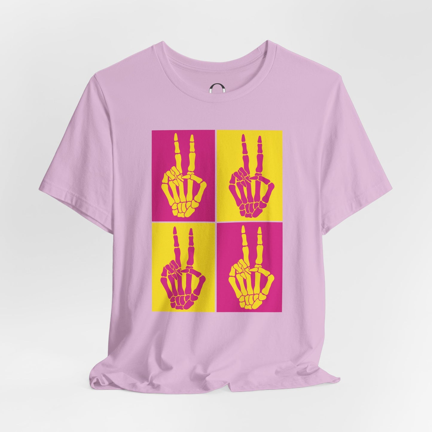 Pop Art Inspired Skeleton Hand Peace Sign, Yellow and Pink Tee