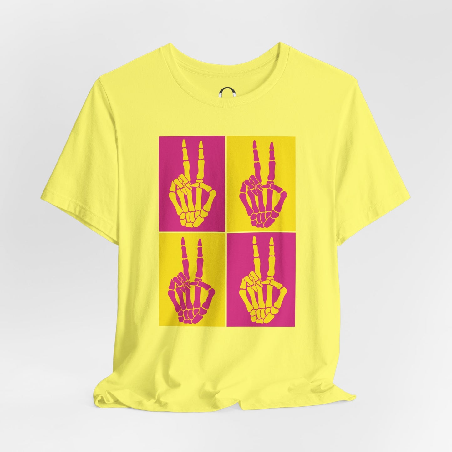 Pop Art Inspired Skeleton Hand Peace Sign, Yellow and Pink Tee