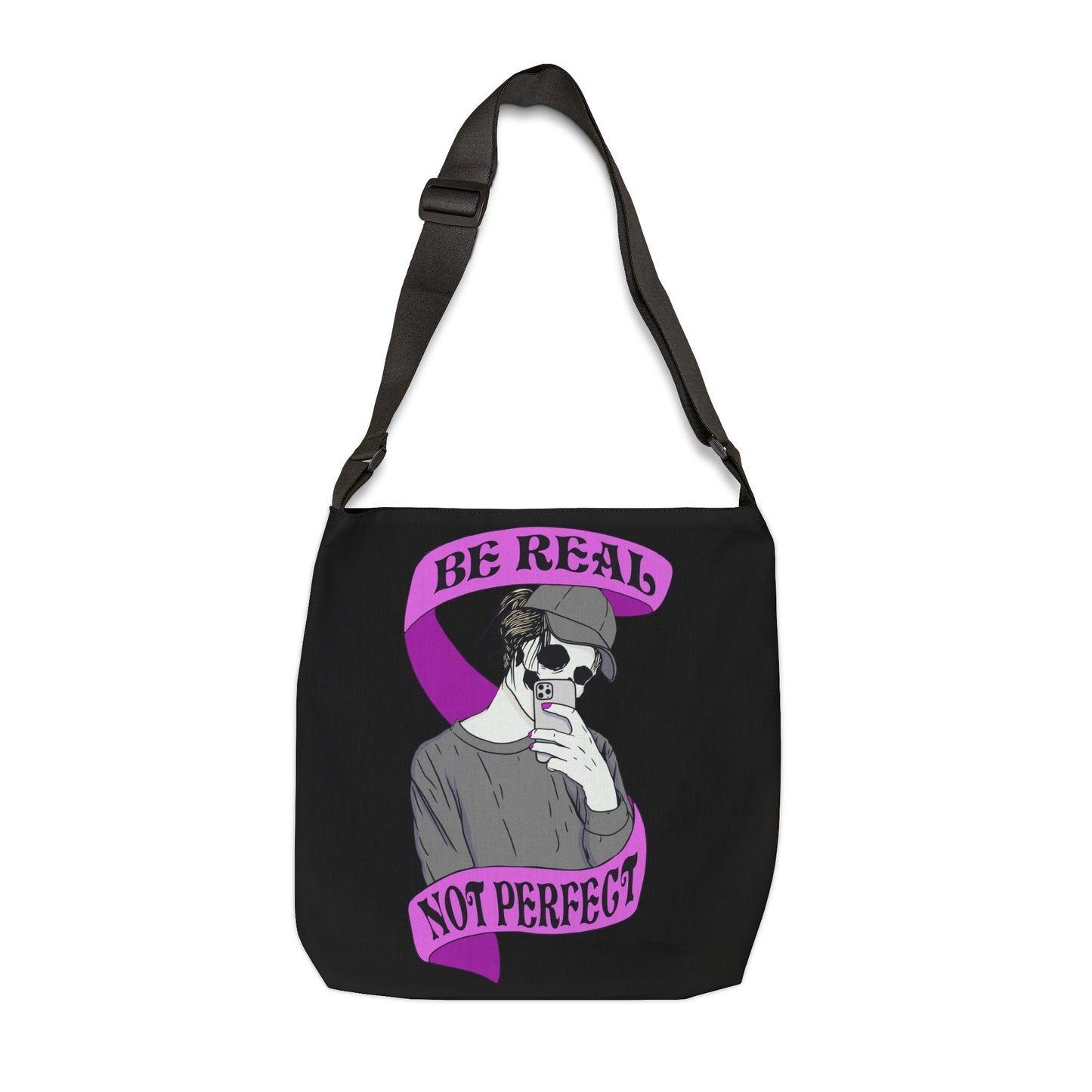 "Be Real, Not Perfect" Adjustable Tote Bag (AOP), Black