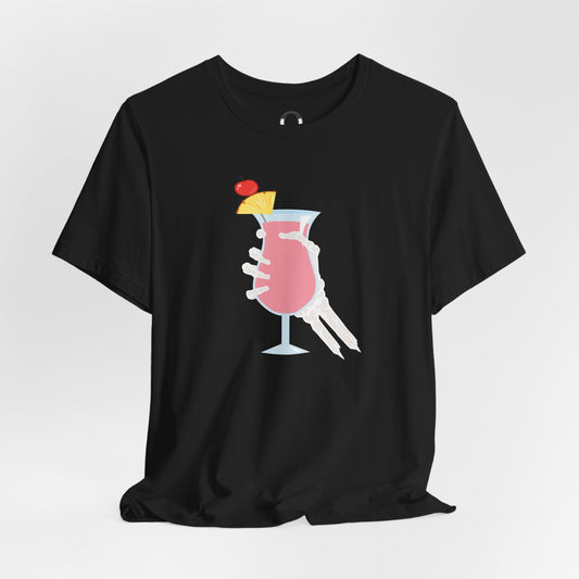 Skeleton Hand Holding Pink Summer Drink Tee