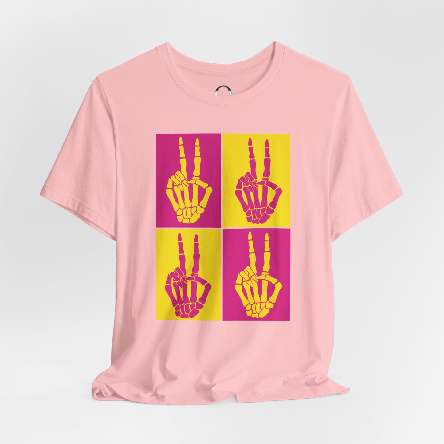 Pop Art Inspired Skeleton Hand Peace Sign, Yellow and Pink Tee