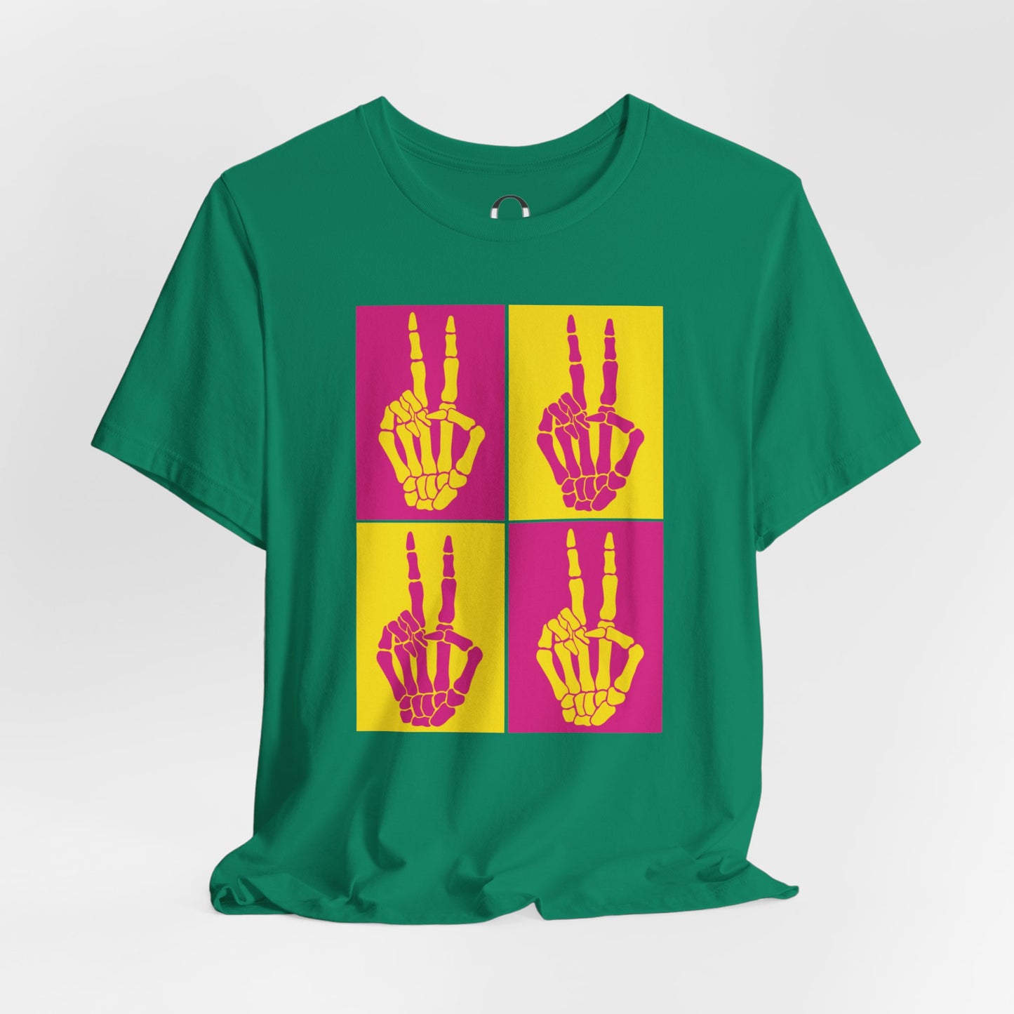 Pop Art Inspired Skeleton Hand Peace Sign, Yellow and Pink Tee