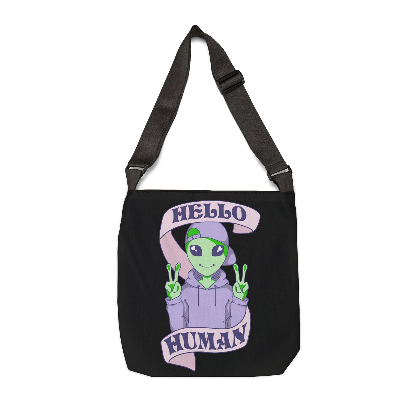 "Hello Human" Adjustable Tote Bag (AOP), Black