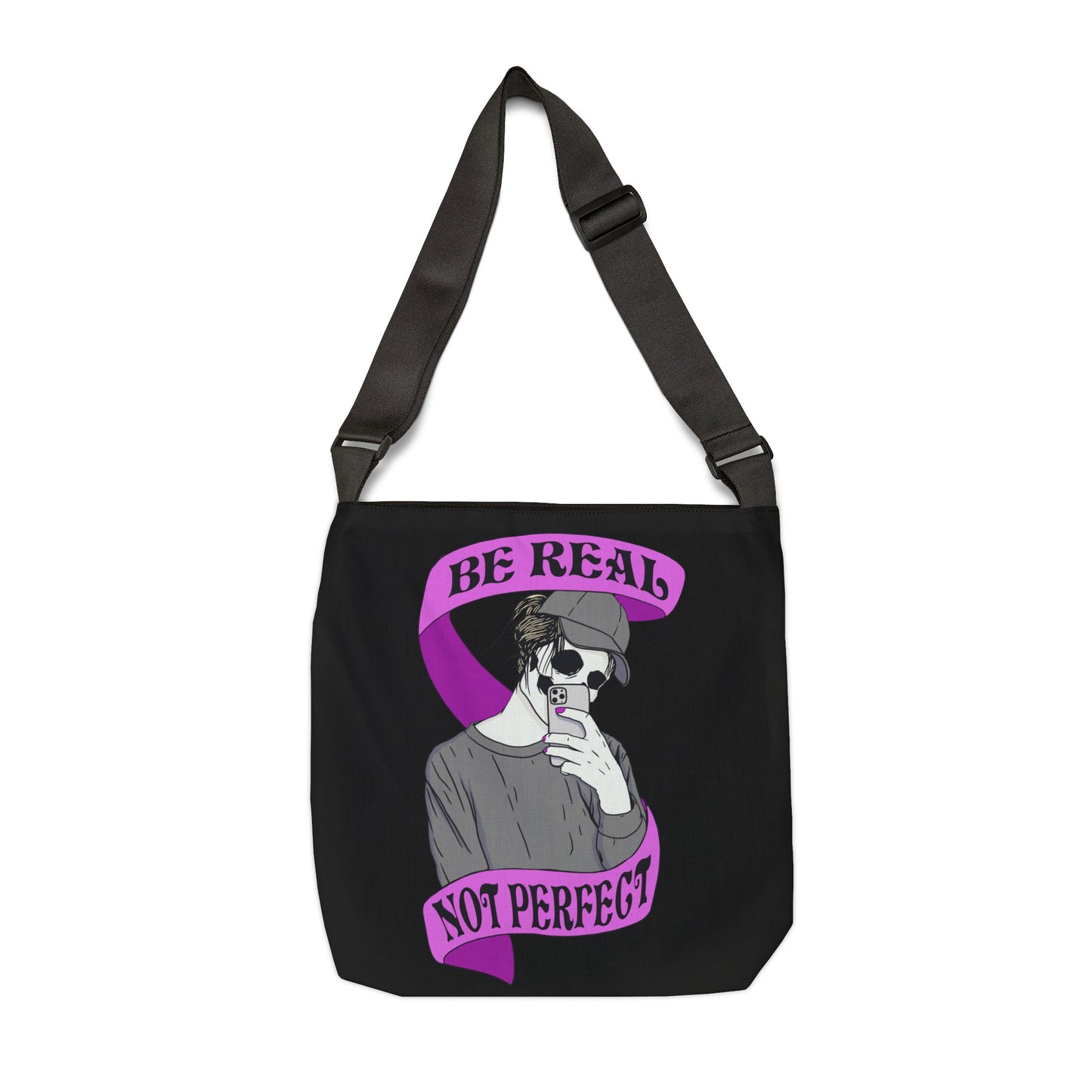 "Be Real, Not Perfect" Adjustable Tote Bag (AOP), Black