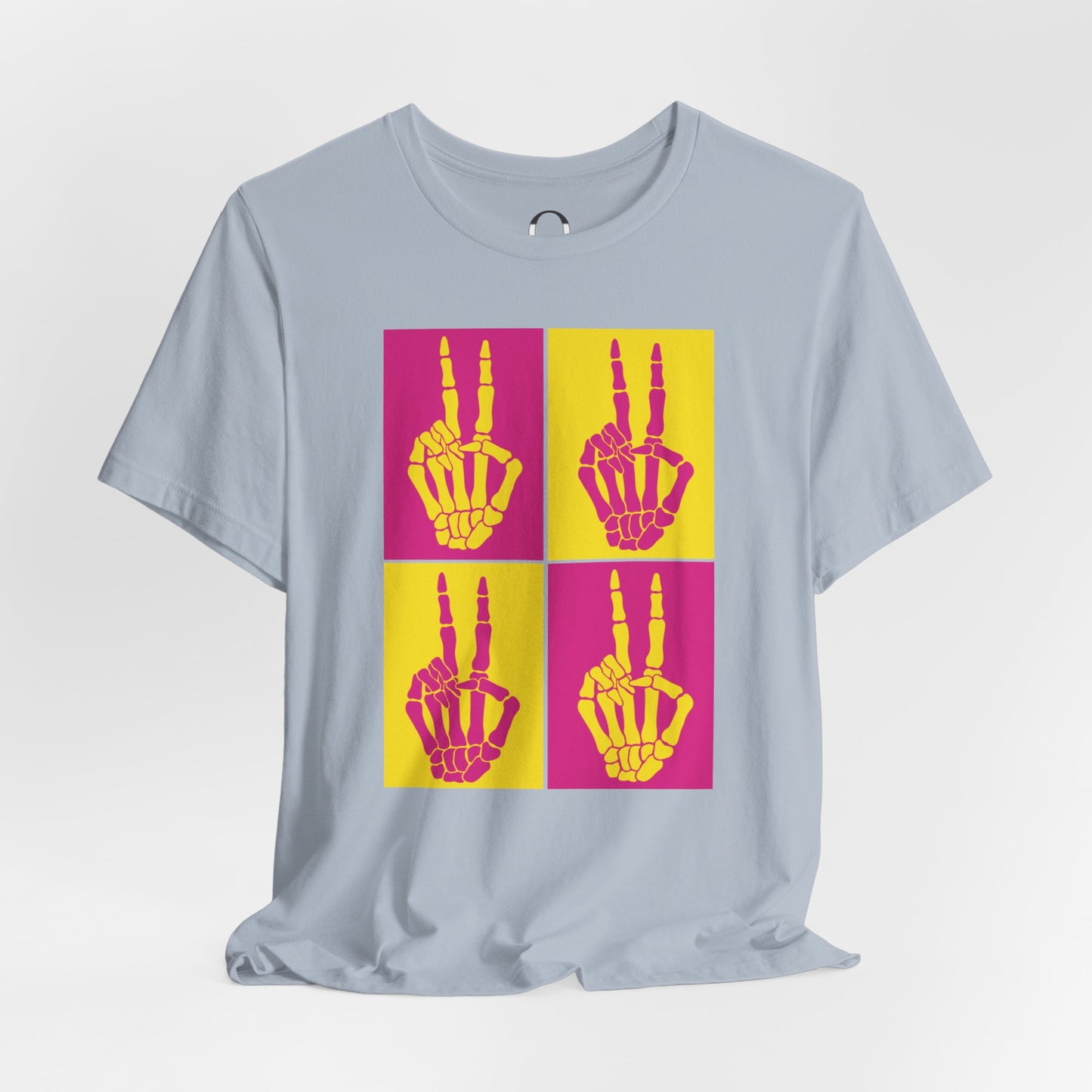 Pop Art Inspired Skeleton Hand Peace Sign, Yellow and Pink Tee