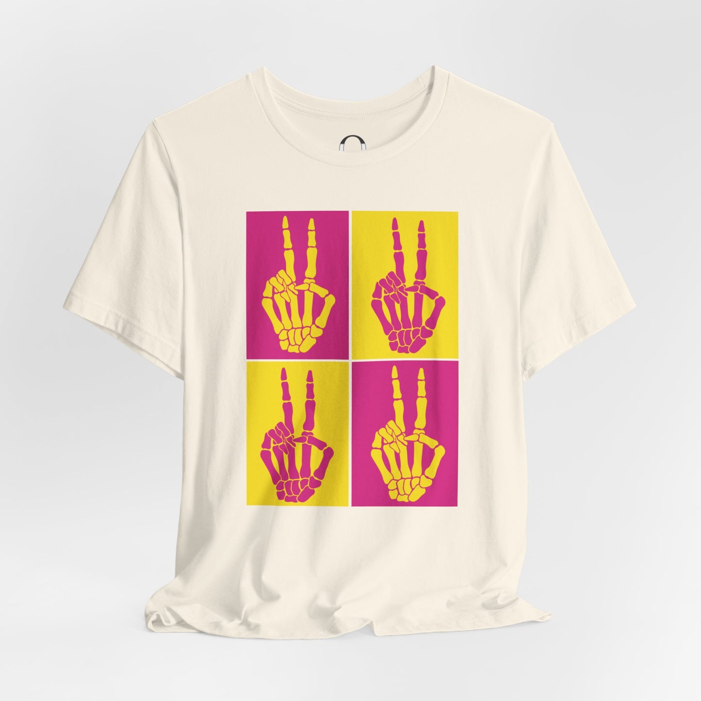 Pop Art Inspired Skeleton Hand Peace Sign, Yellow and Pink Tee