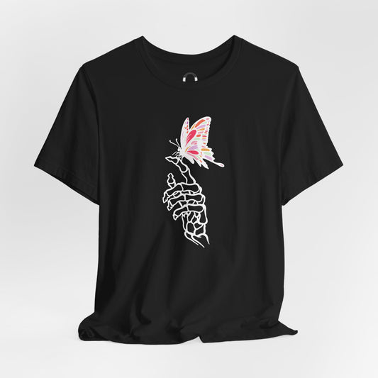 Skeleton Hand Holding Colorful Butterfly Tee