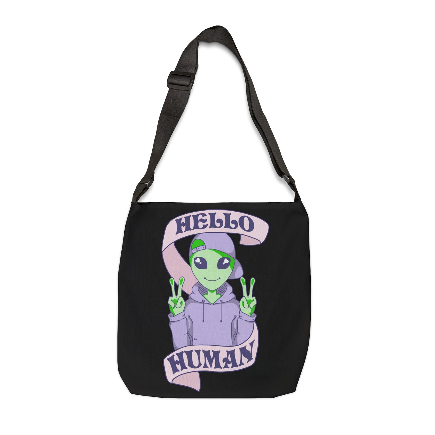 "Hello Human" Adjustable Tote Bag (AOP), Black