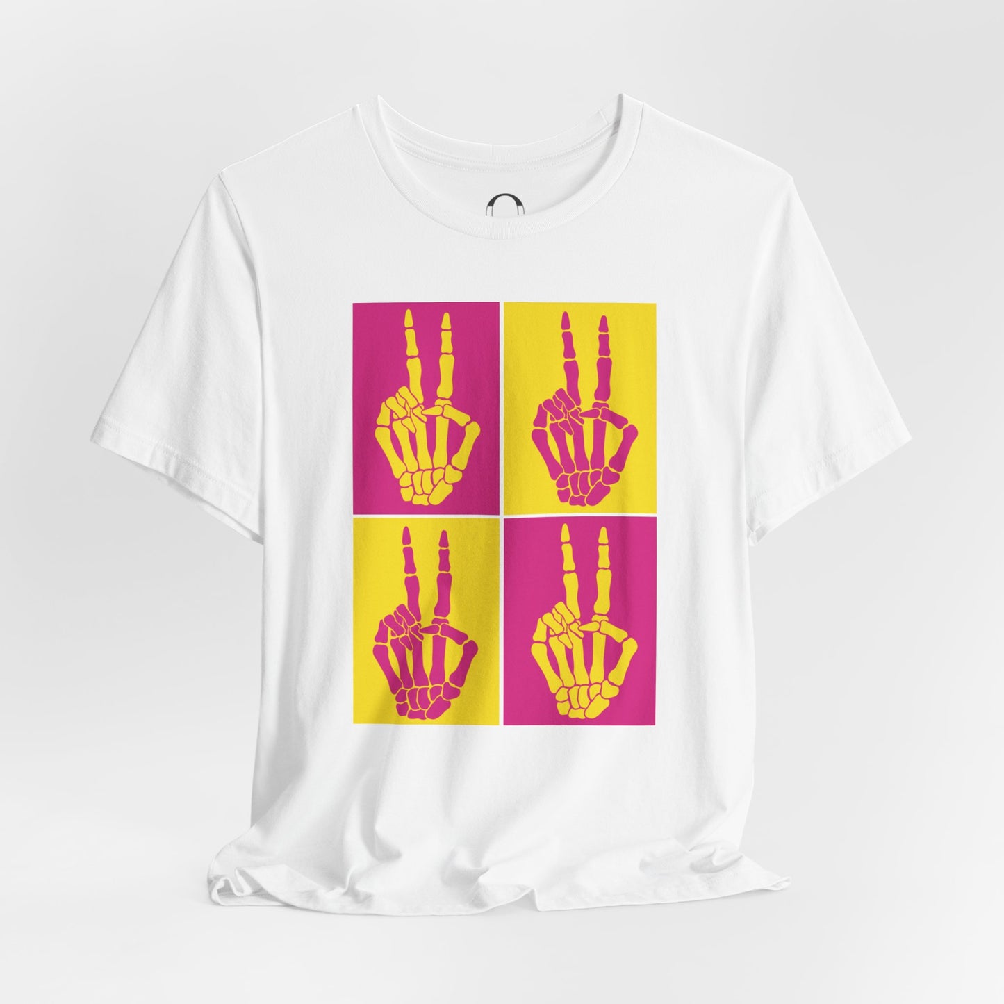 Pop Art Inspired Skeleton Hand Peace Sign, Yellow and Pink Tee